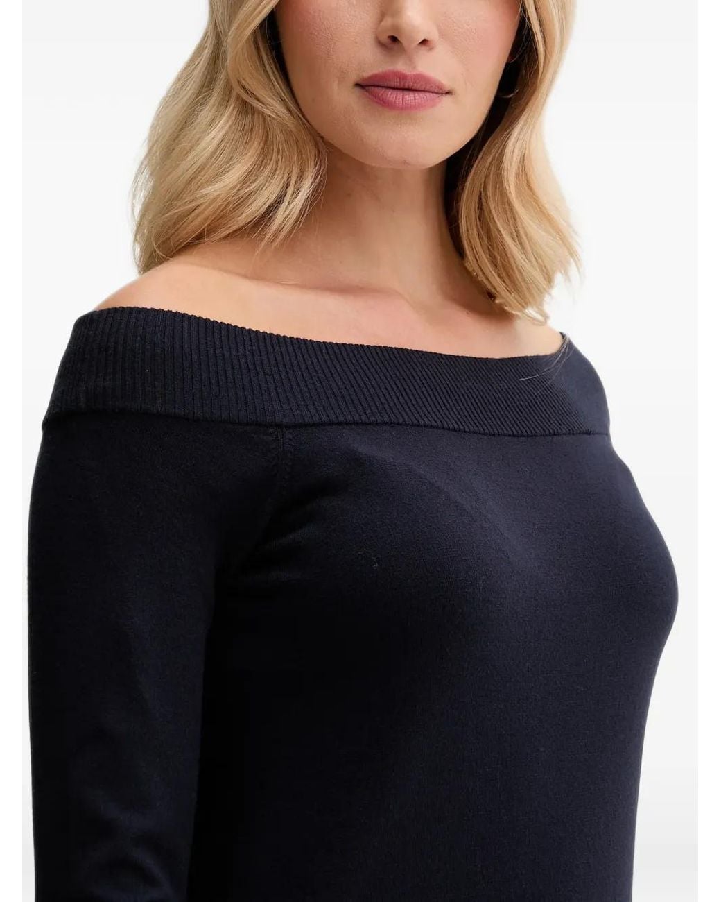 Benetton Blue Off-Shoulder Button-Cuff Sweater