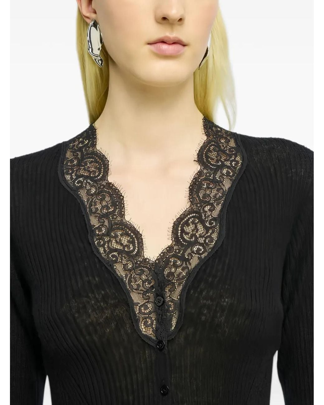 Semicouture Black Almira Lace-Trim Ribbed Cardigan