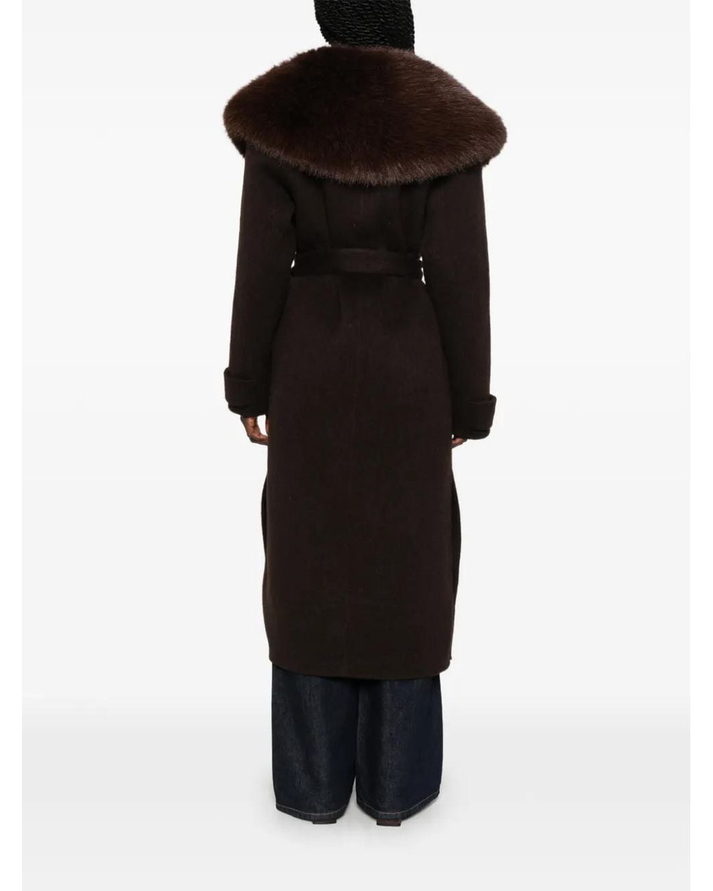 Sandro Black Faux-Fur Collar Belted Coat