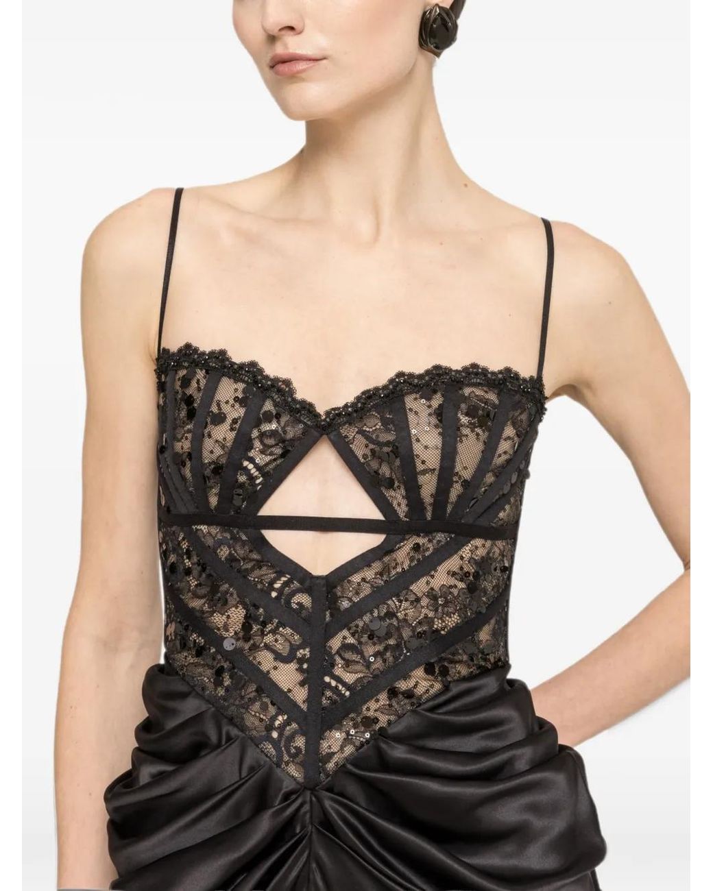 Nissa Black Lace-Panel Silk Maxi Dress