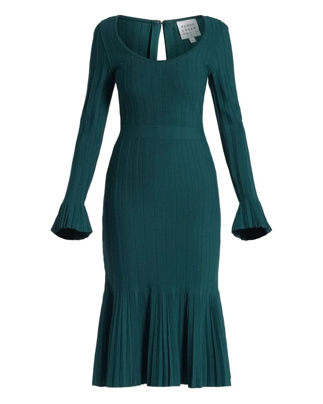 Hervé Léger Green Robe Plissée Alena À Manches Évasées