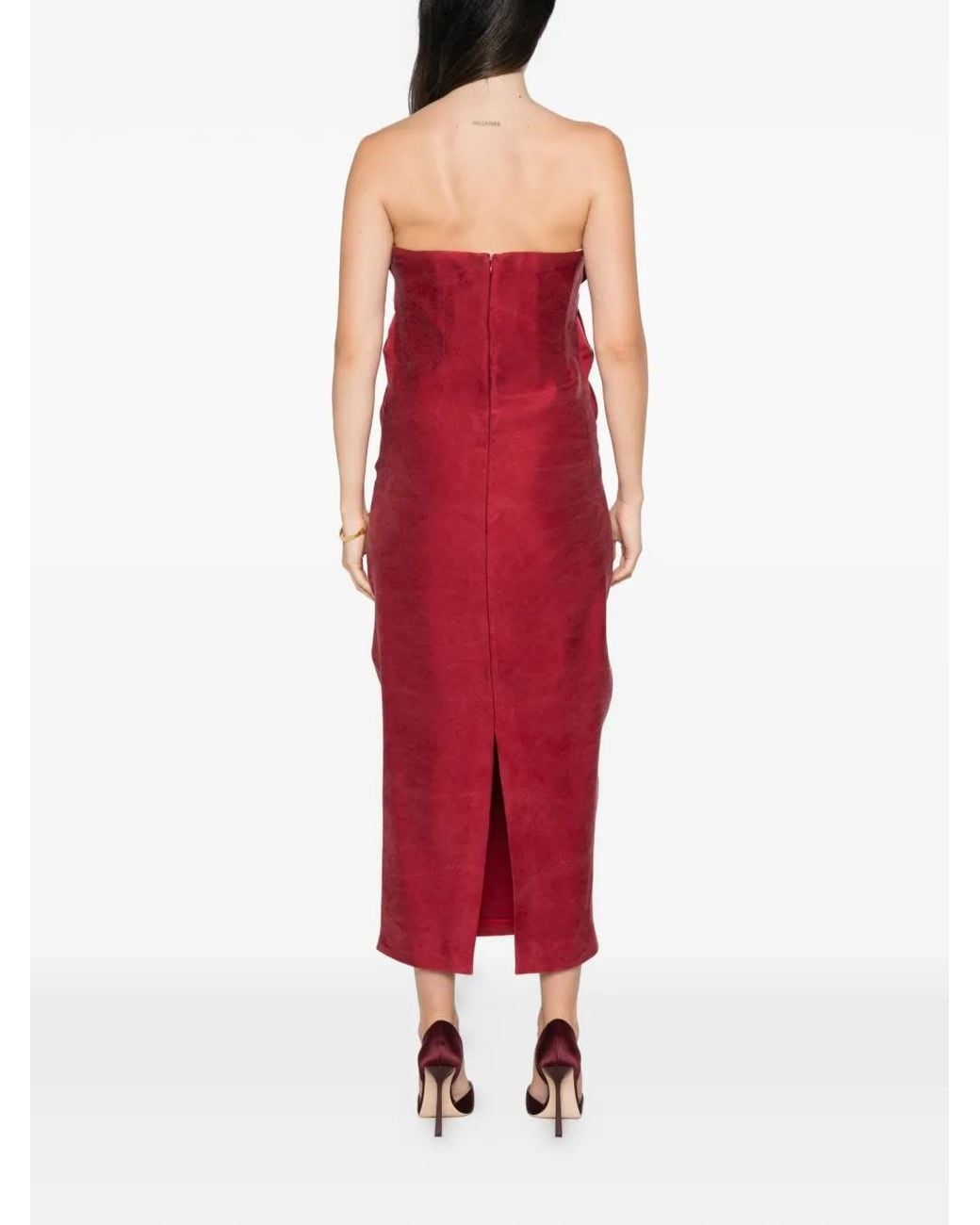 Magda Butrym Red Flower-Detail Strapless Midi Dress