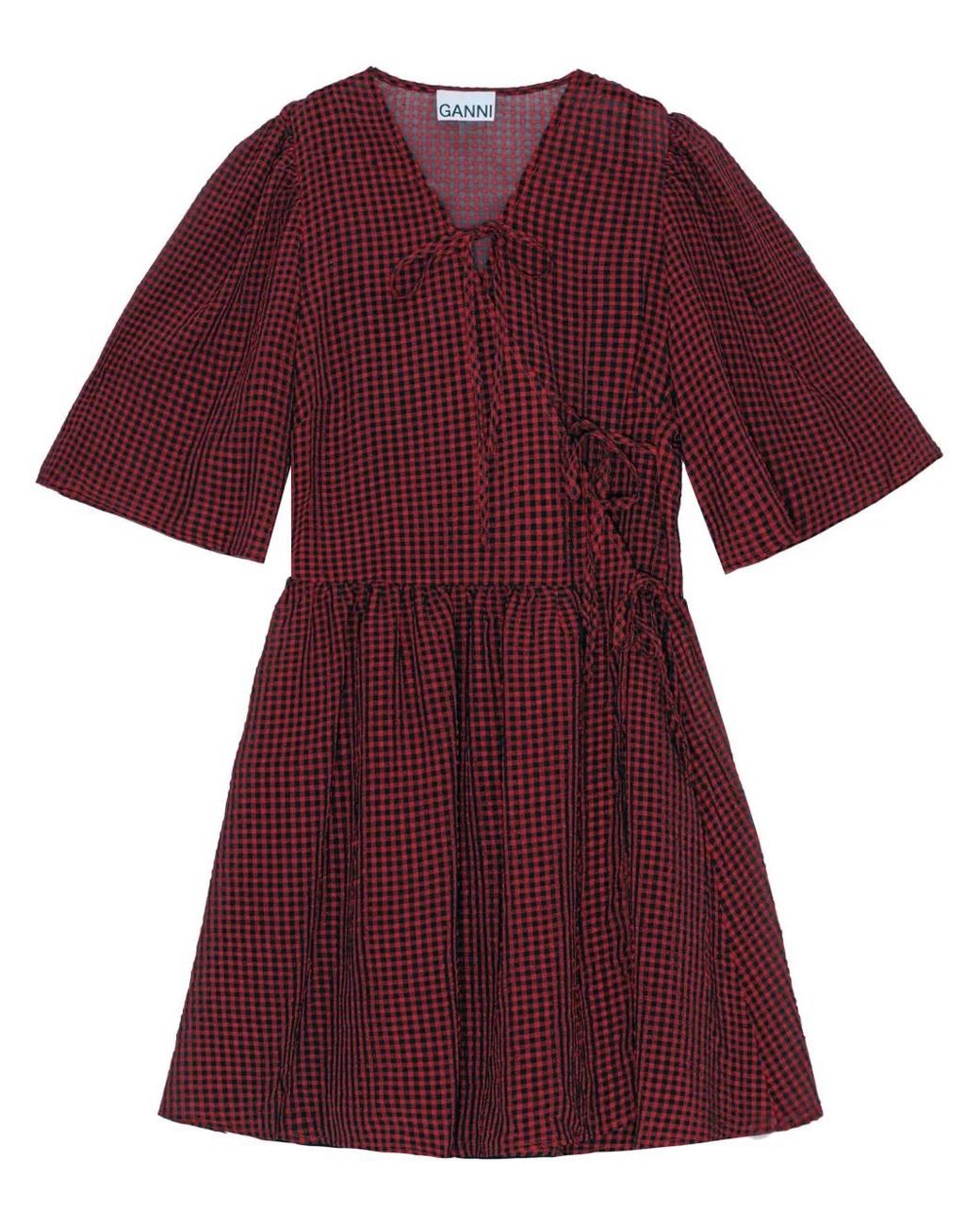 Ganni Red Gingham-Print Mini Wrap Dress
