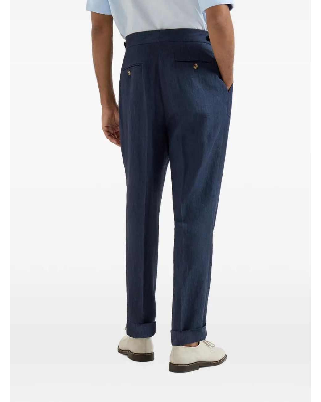 Brunello Cucinelli Blue Lightweight Délavé Linen Trousers With Reversed Double Pleats And Waist Tabs for men