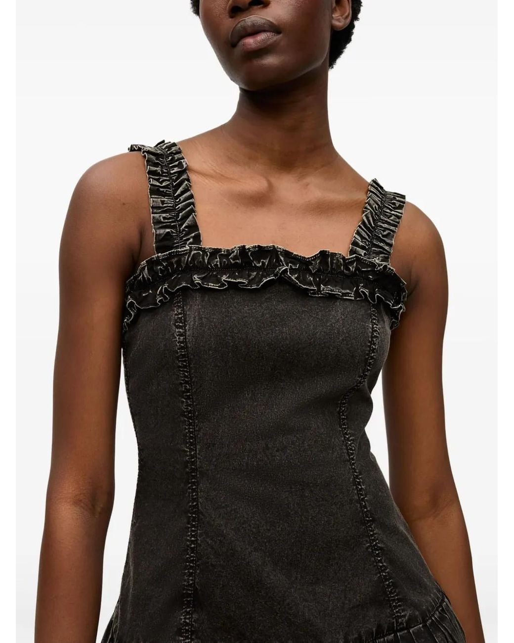 Ganni Black Ruffle-Detail Midi Dress