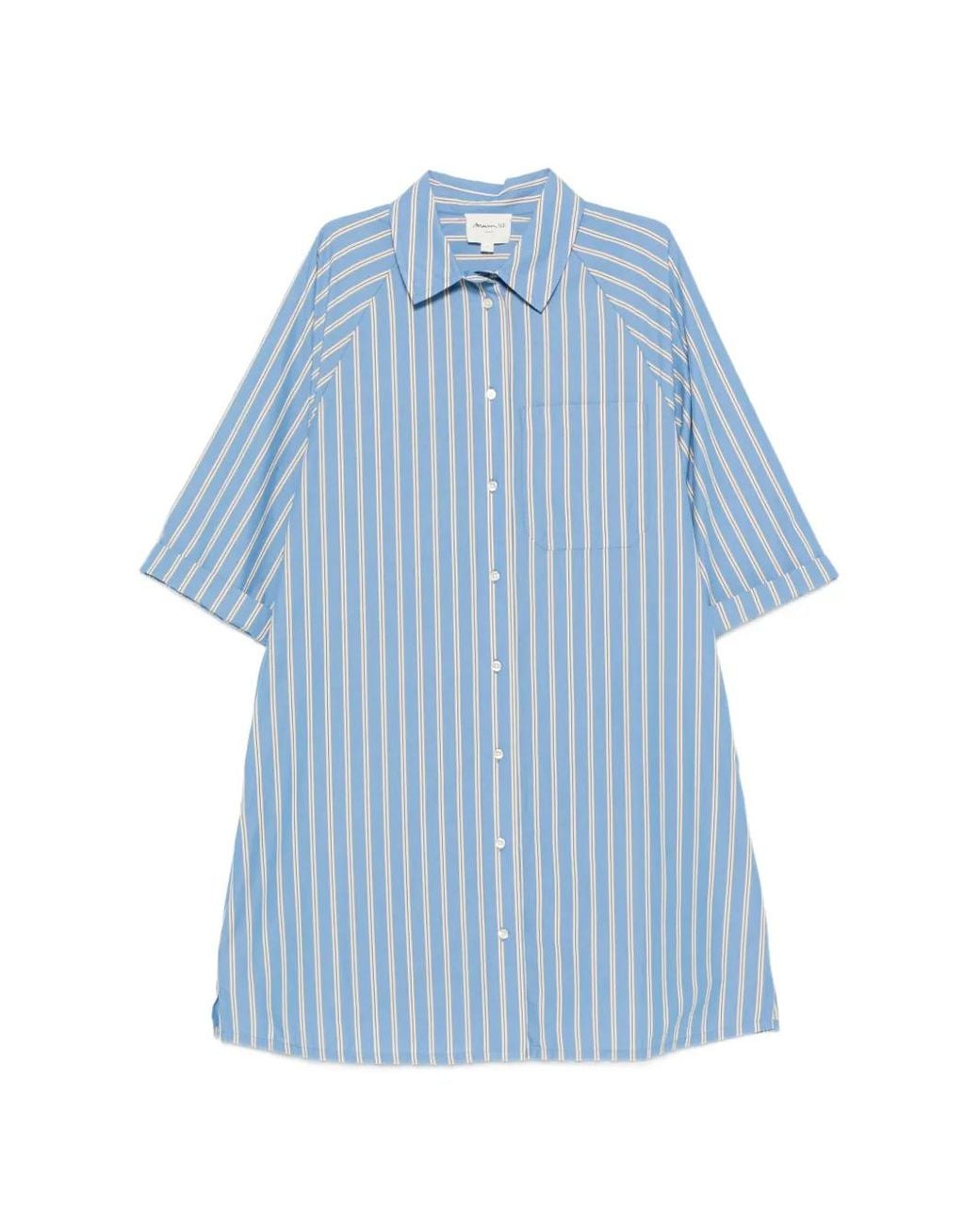 MAISON 123 Blue Besta R Rayee Vertical-Stripe Mini Shirt Dress