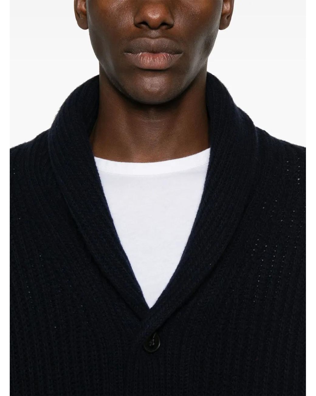 Closed Blue Ribbed-Knit Shawl-Collar Cardigan for men