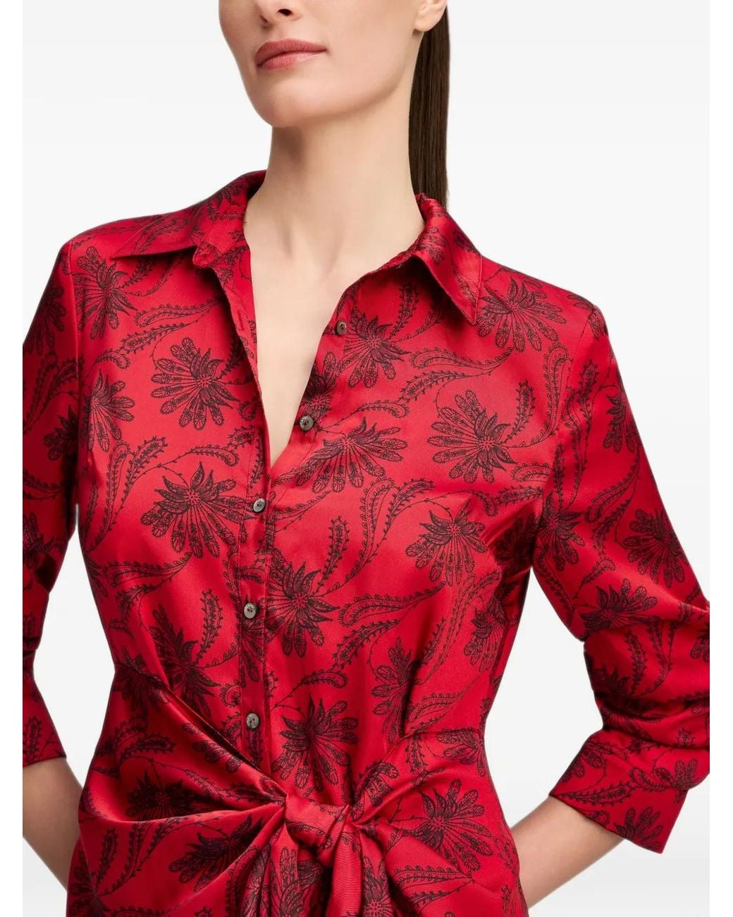 Cinq À Sept Red Jacey Paisley Fan Midi Shirt Dress