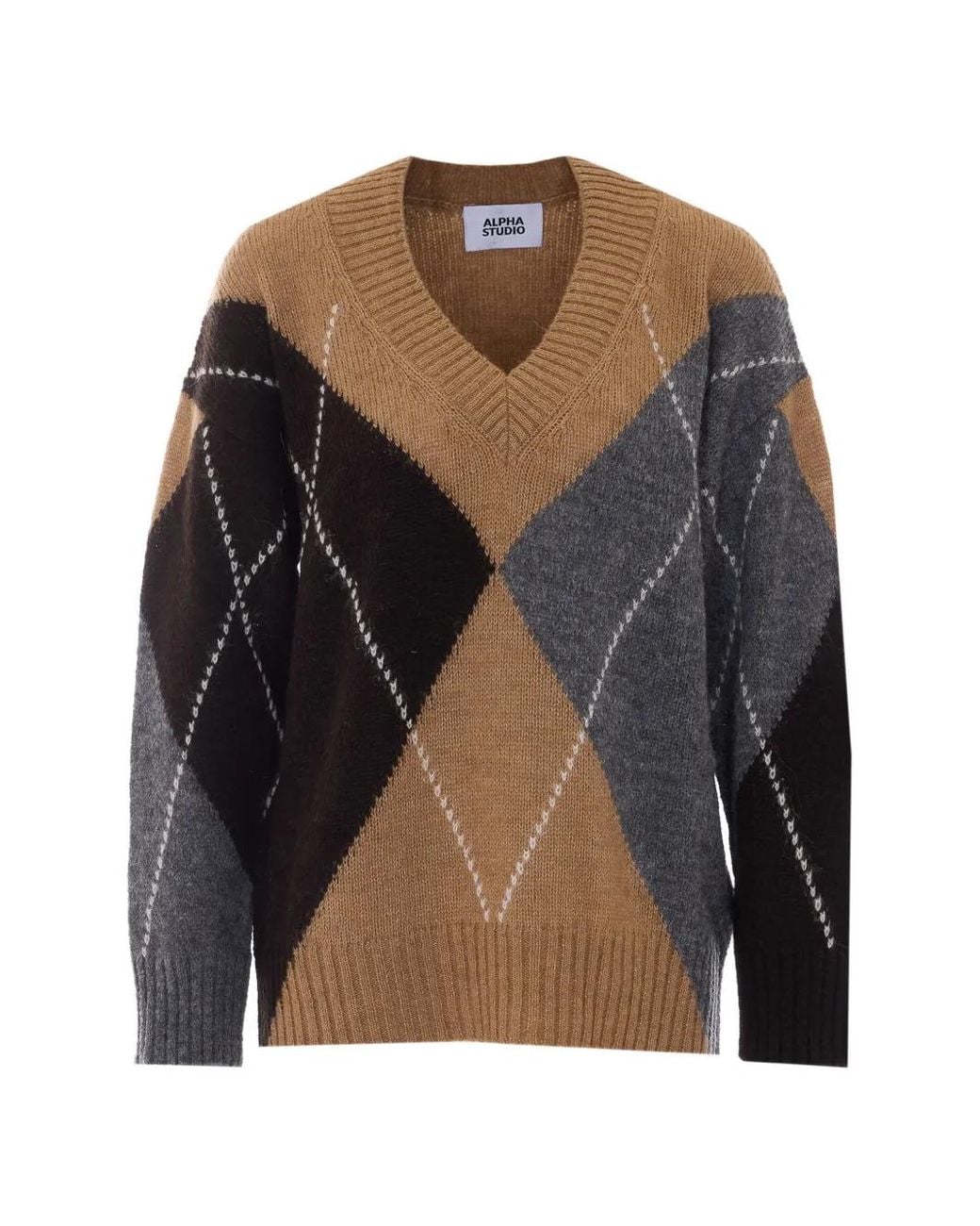 Alpha Studio Black Argyle Intarsia V-Neck Sweater