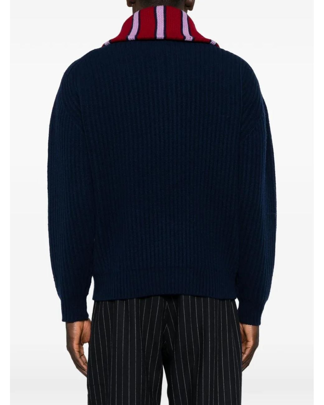 Drole de Monsieur Blue Striped-Collar Quarter-Zip Sweater for men