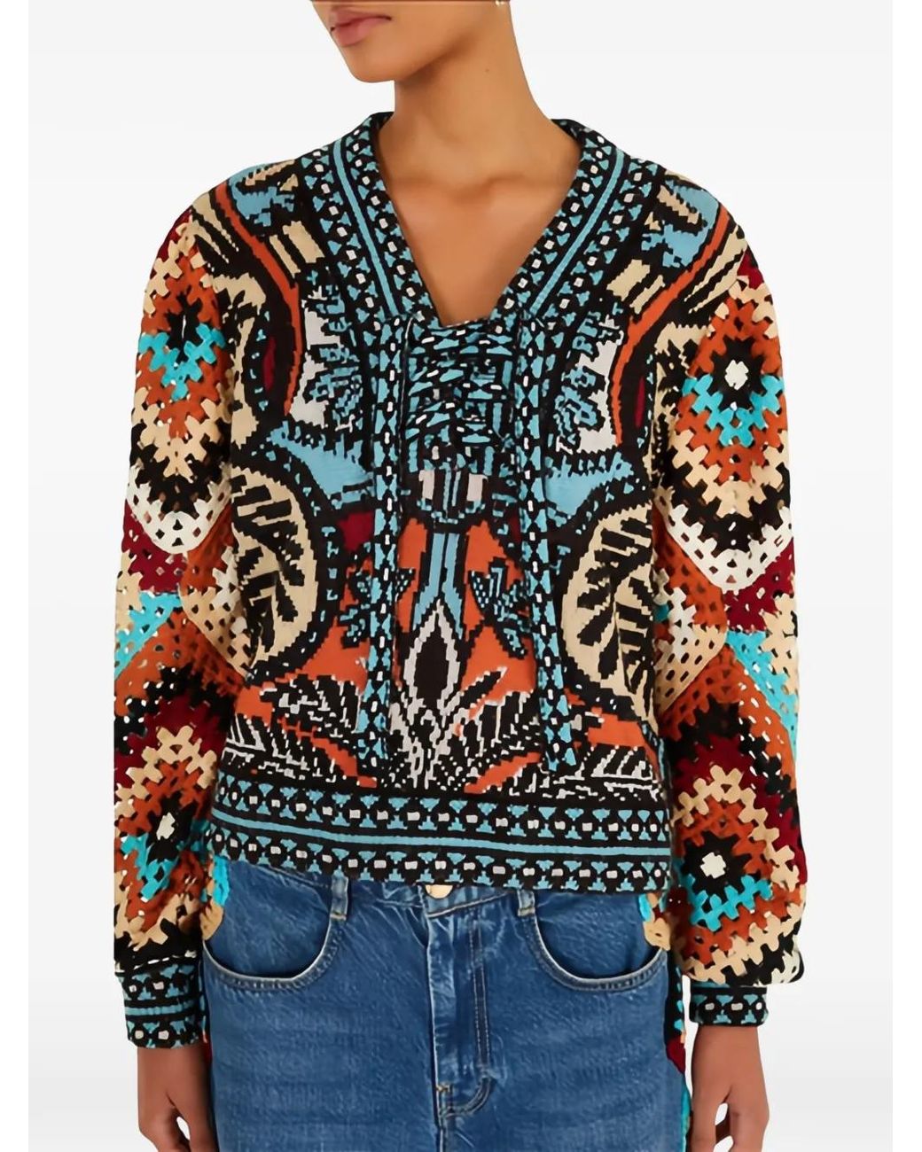 Farm Rio Black Crochet-Construction V-Neck Sweater
