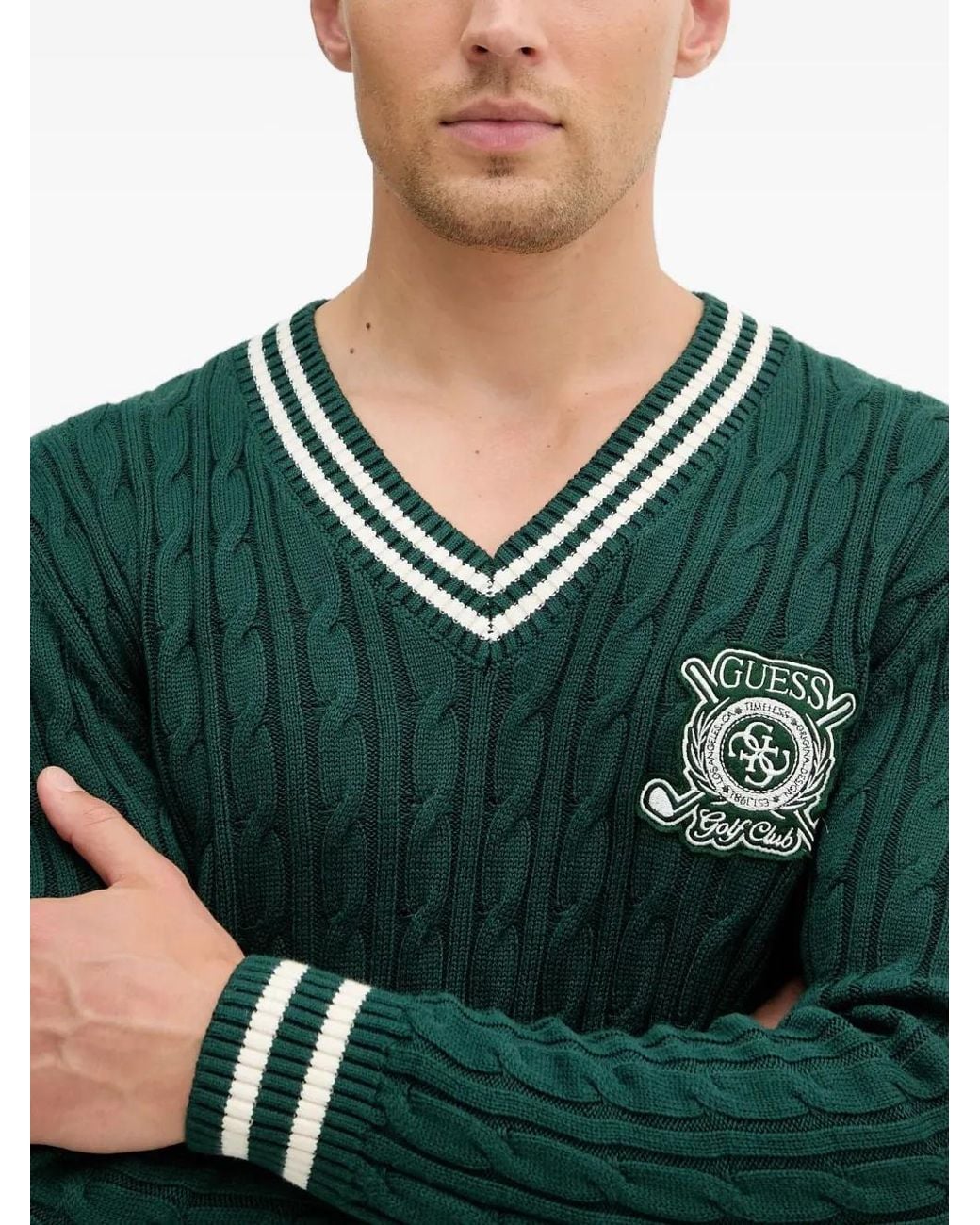 Guess Green Cable-Knit V-Neck Sweater for men