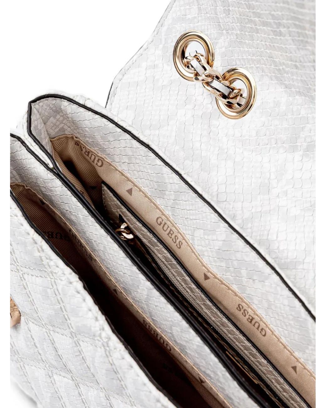 Guess White Quilted Snake-Effect Shoulder Bag