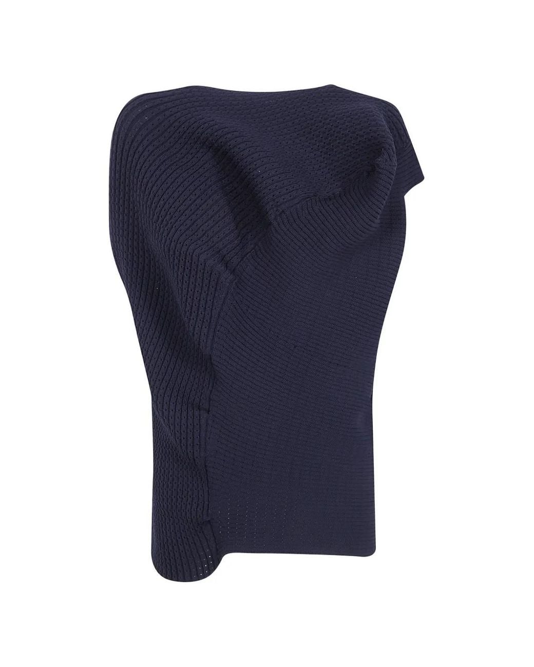 Issey Miyake Blue Asymmetric Ribbed-Knit Top