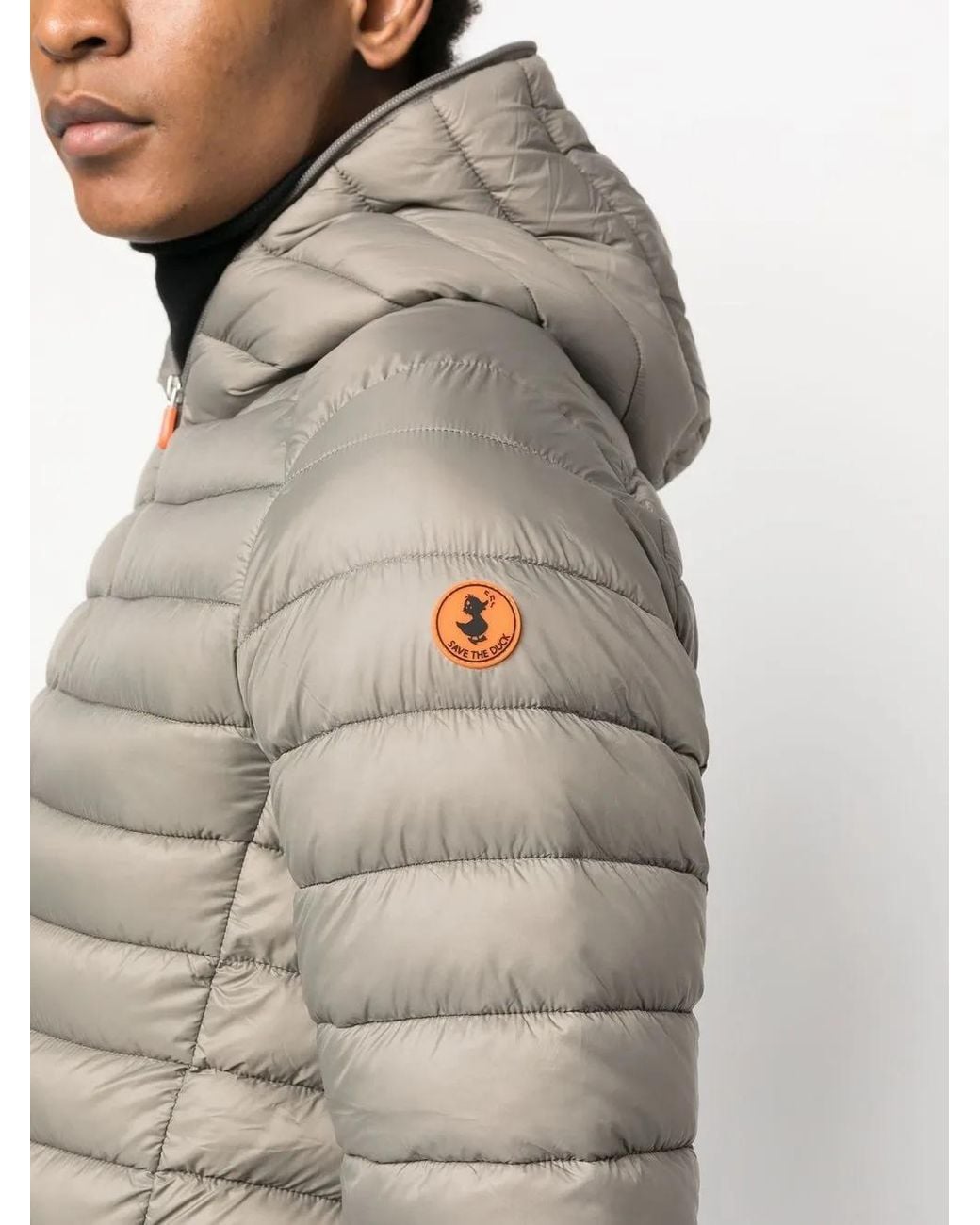 Save The Duck Gray Donald Logo-Patch Hooded Padded Jacket for men