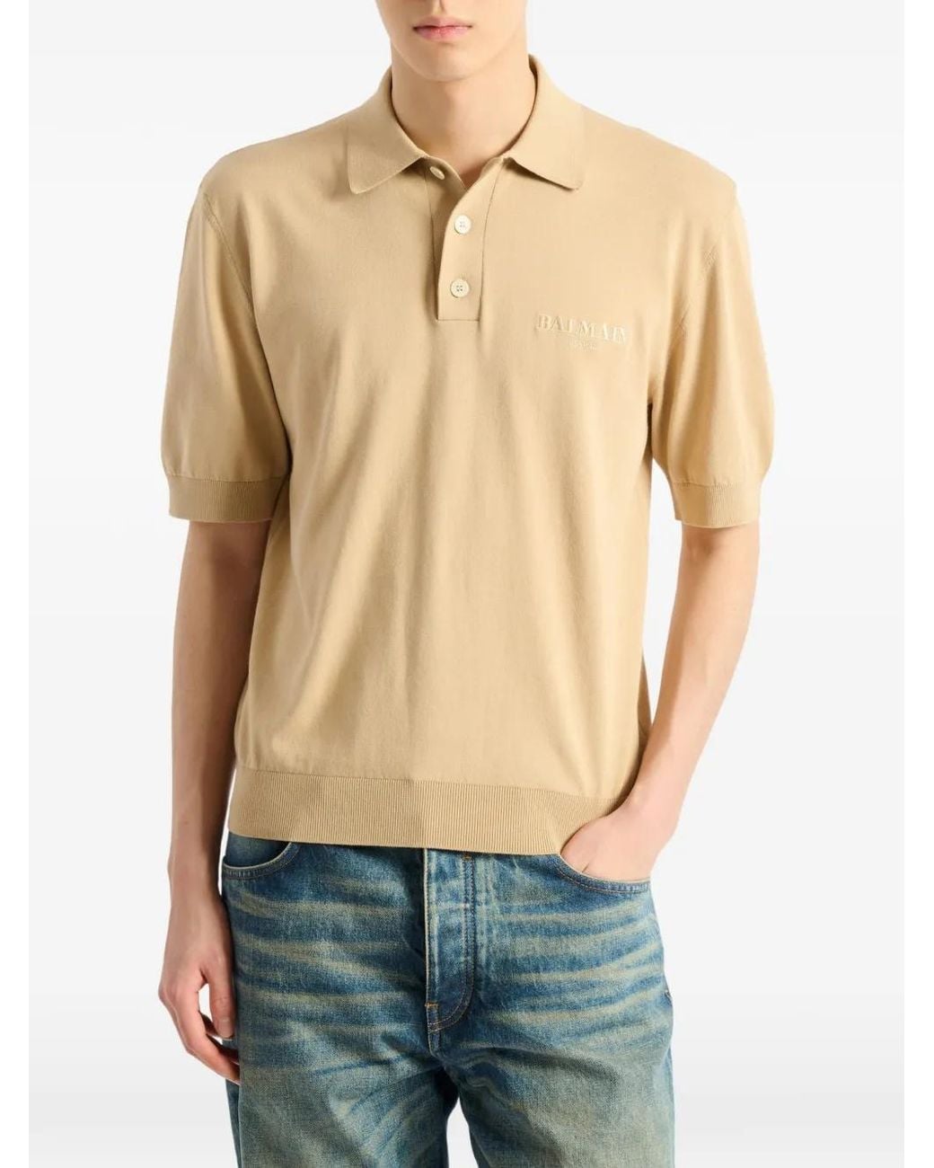 Balmain Natural Embroidered Vintage Polo for men