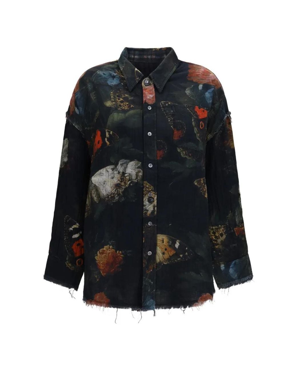 R13 Black Butterfly-Print Frayed Shirt