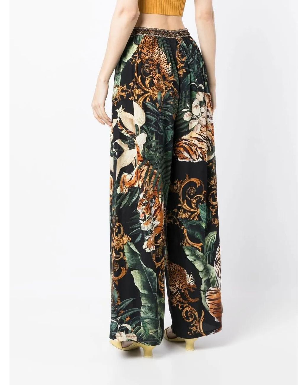 Camilla Green Mix-Print Wide-Leg Silk Trousers