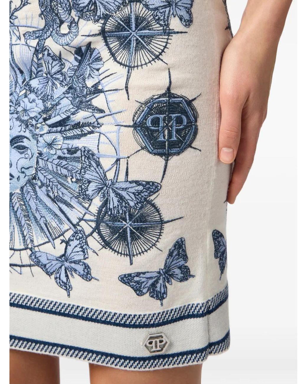 Philipp Plein Blue Knitted Mini Skirt Butterfly Tattoo