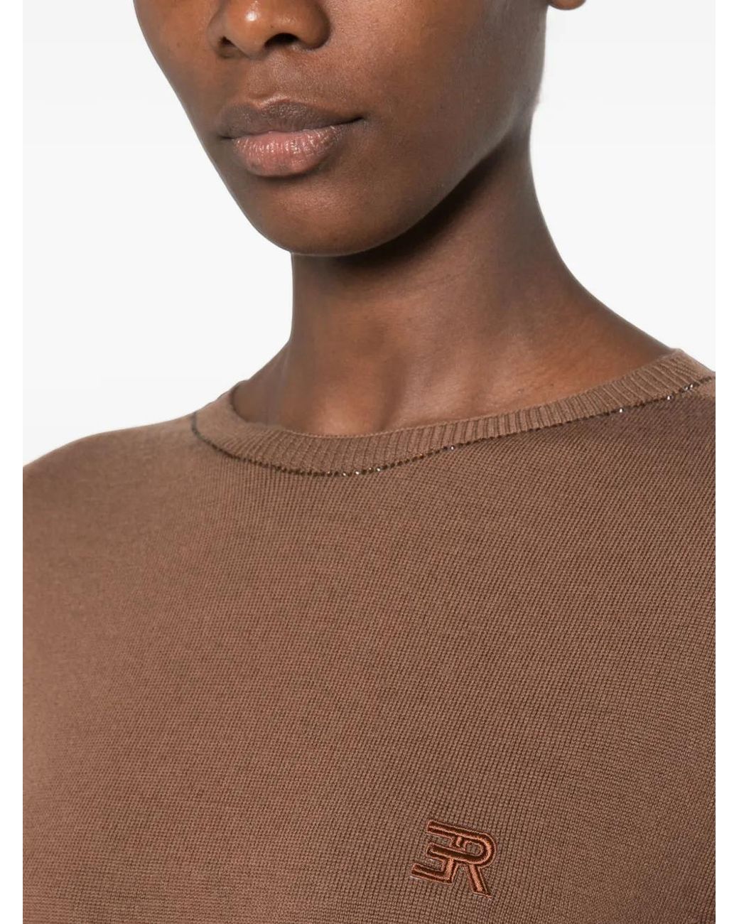 ERMANNO FIRENZE Brown Logo-Embroidered Bead-Embellished Sweater