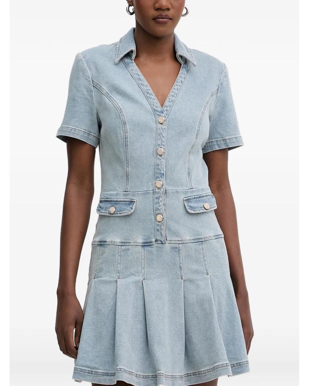 Morgan Blue Pleated-Skirt Denim Mini Dress
