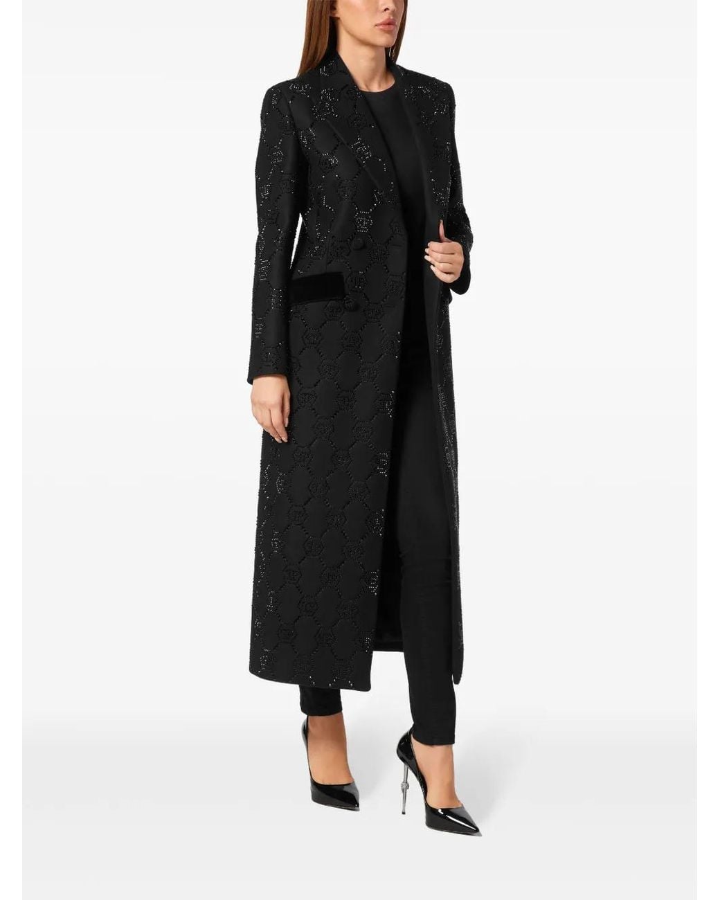 Philipp Plein Black Monogram Crystal Double-Breasted Coat