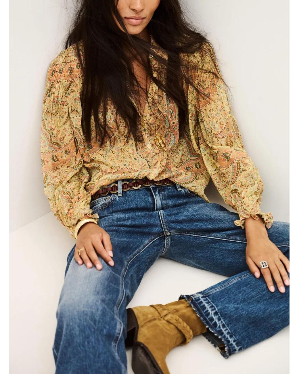 Ba&sh Yellow Cleo Paisley-Print Smocked Blouse