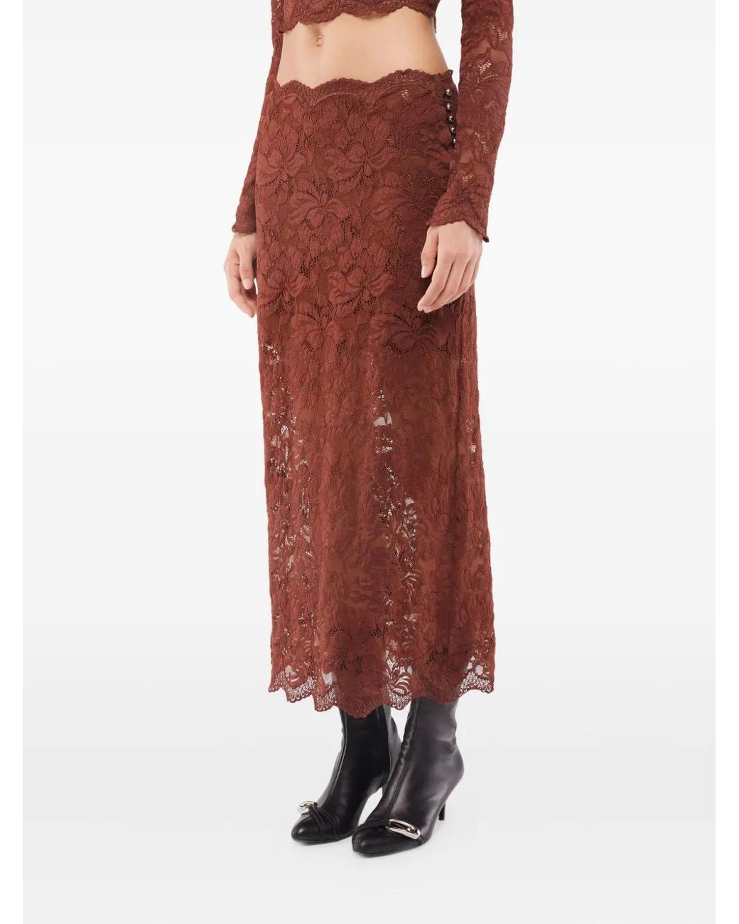 Rabanne Brown Lace Floral Midi Skirt