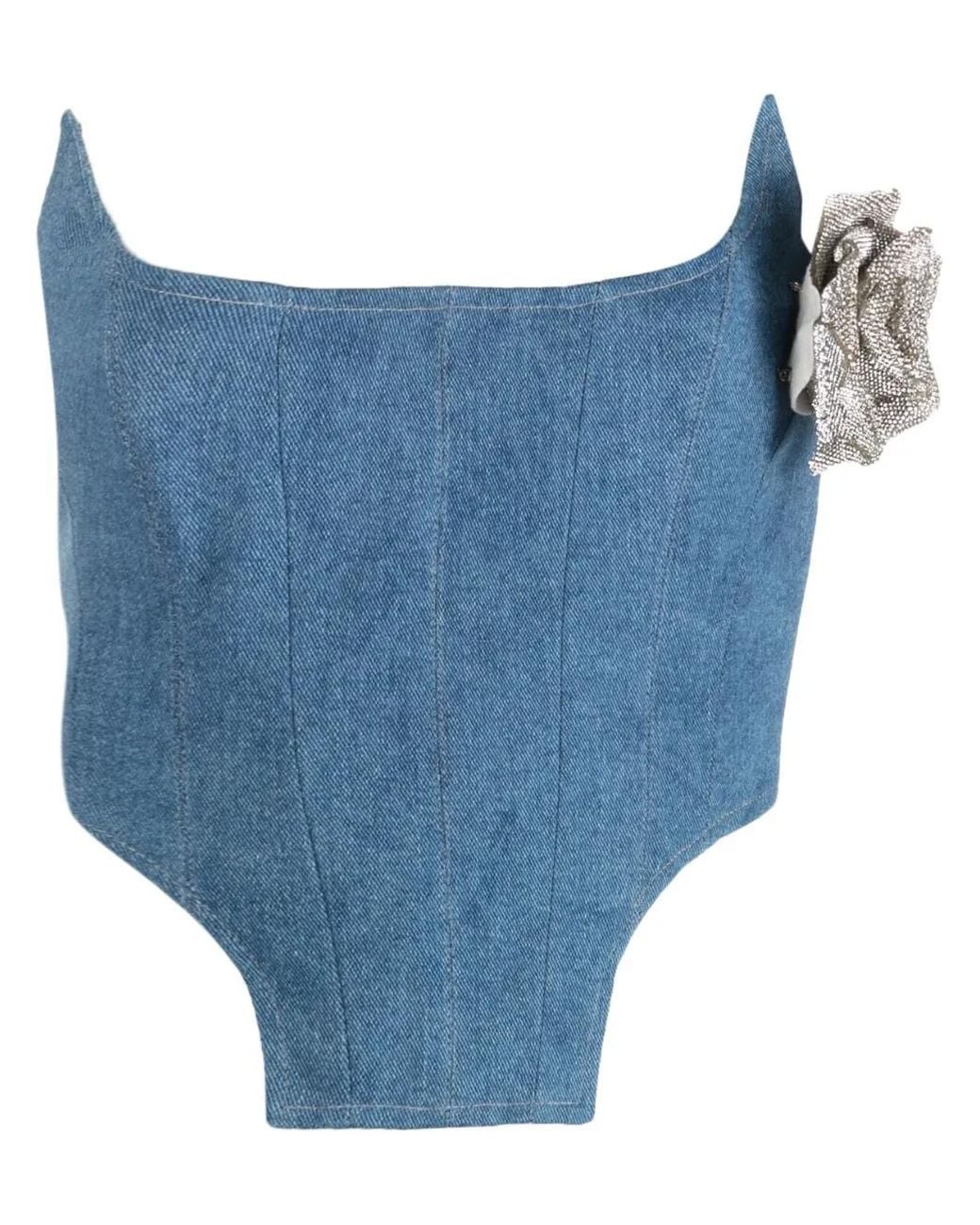 GIUSEPPE DI MORABITO Blue Floral-Appliqué Denim Corset