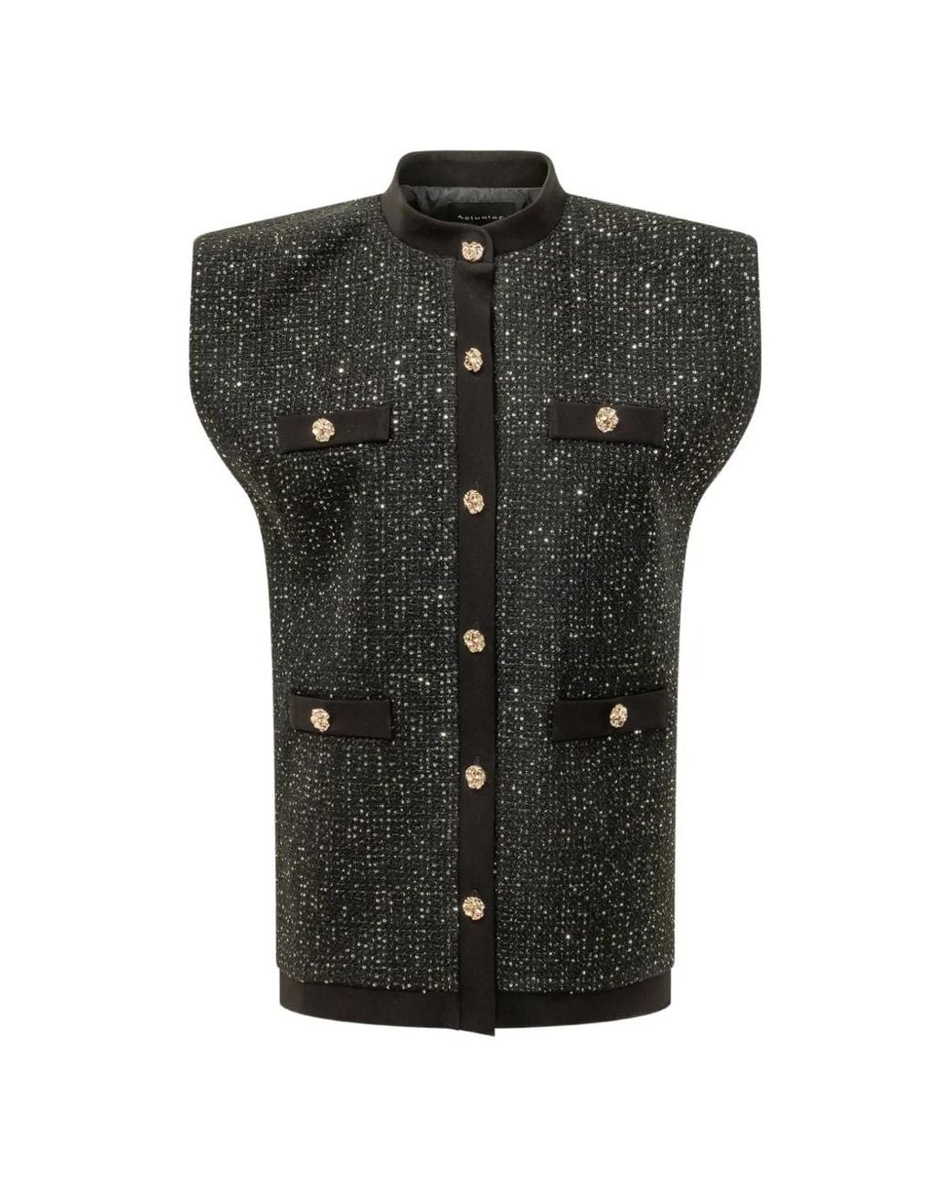 ACTUALEE Black Sequin-Embellished Padded-Shoulder Gilet