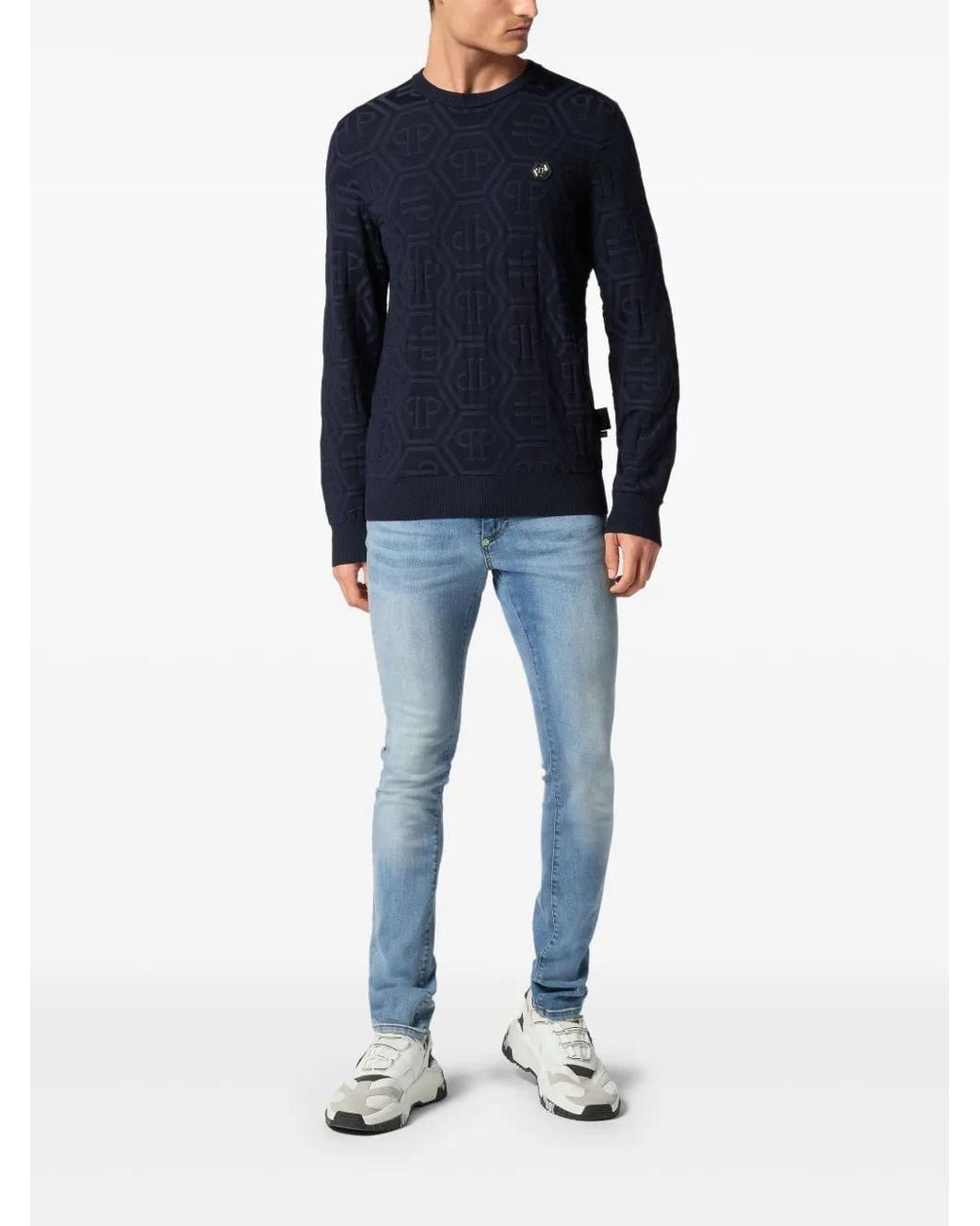 Philipp Plein Blue Jacquard Silk Wool Pullover Round Neck Ls Monogram for men