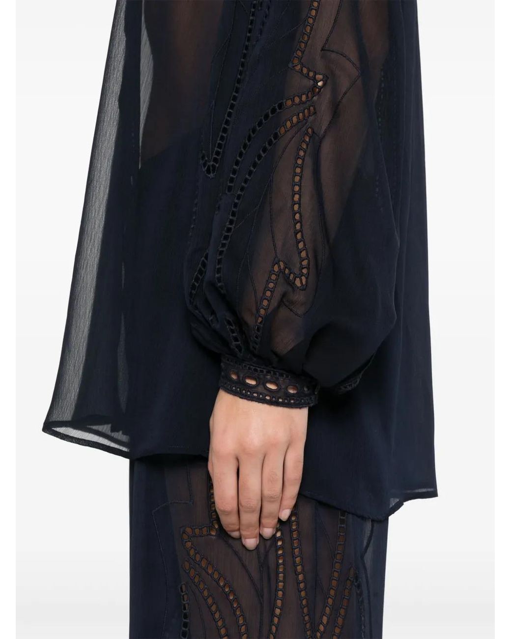 Alberta Ferretti Blue Lace-Trim Chiffon Shirt