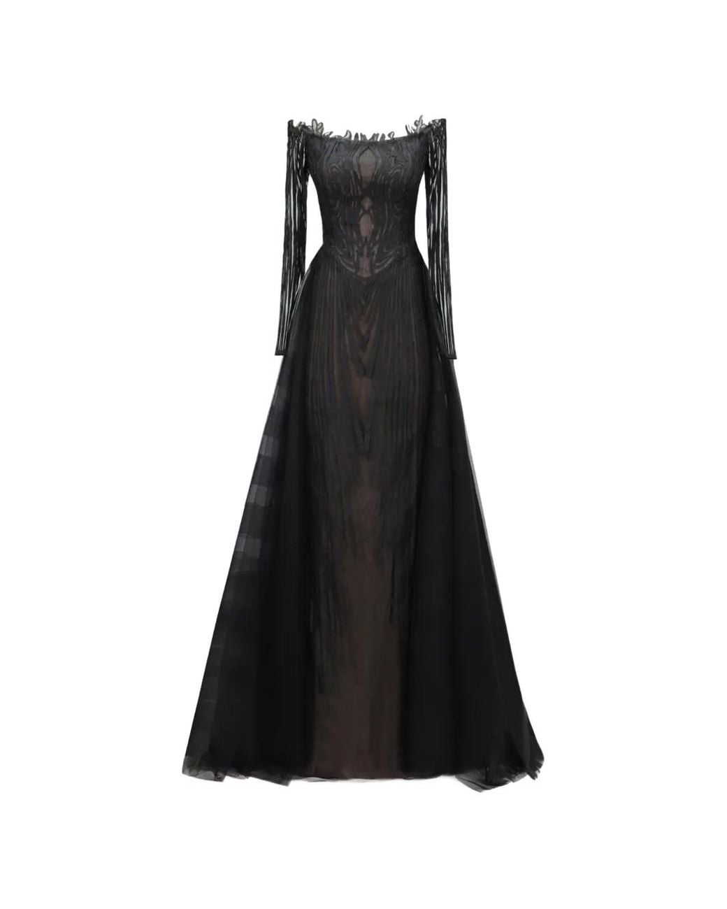Gemy Maalouf Black Off-Shoulder Long-Sleeves Maxi Dress