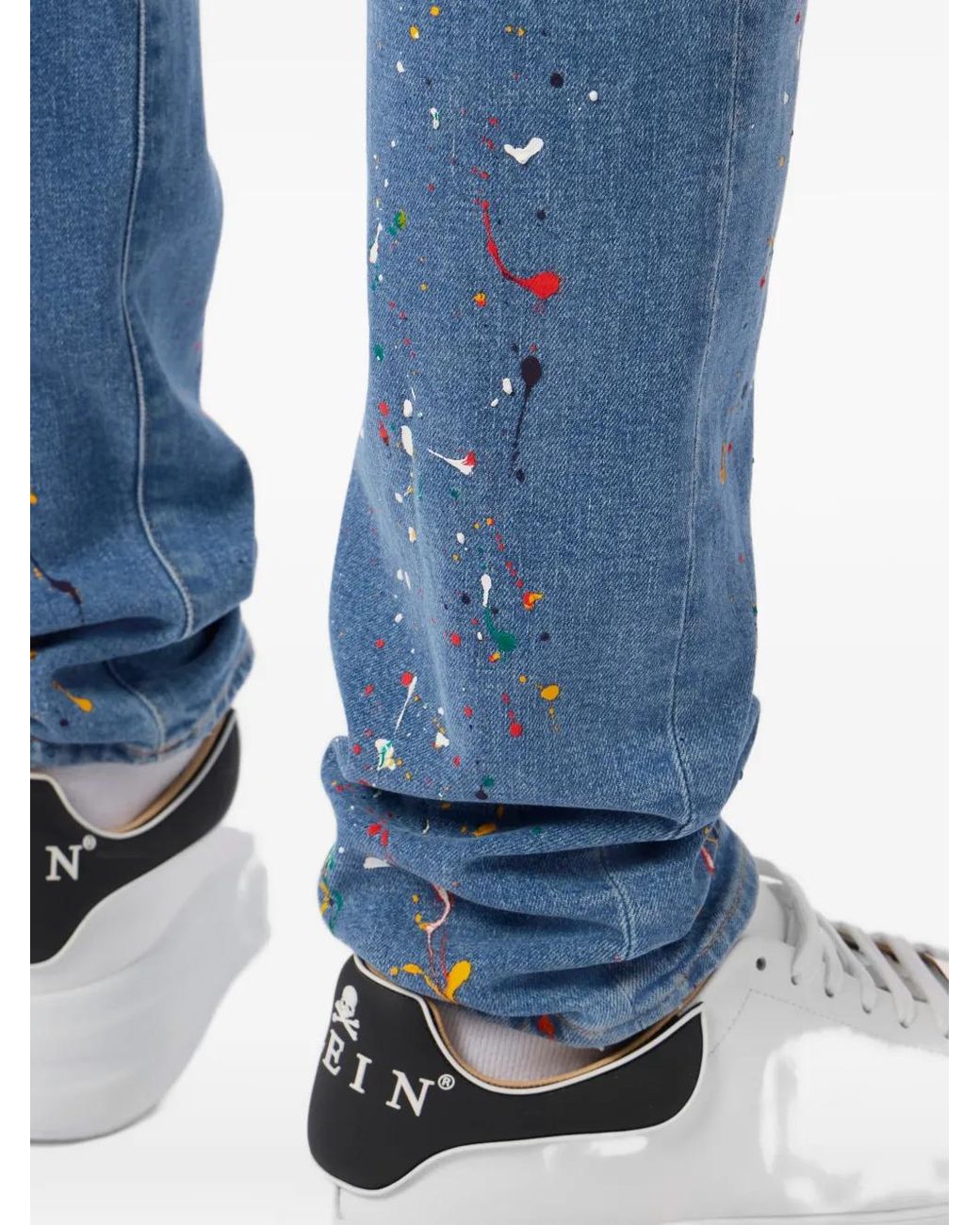 Philipp Plein Blue Paint-Splatter-Detail Straight Jeans for men