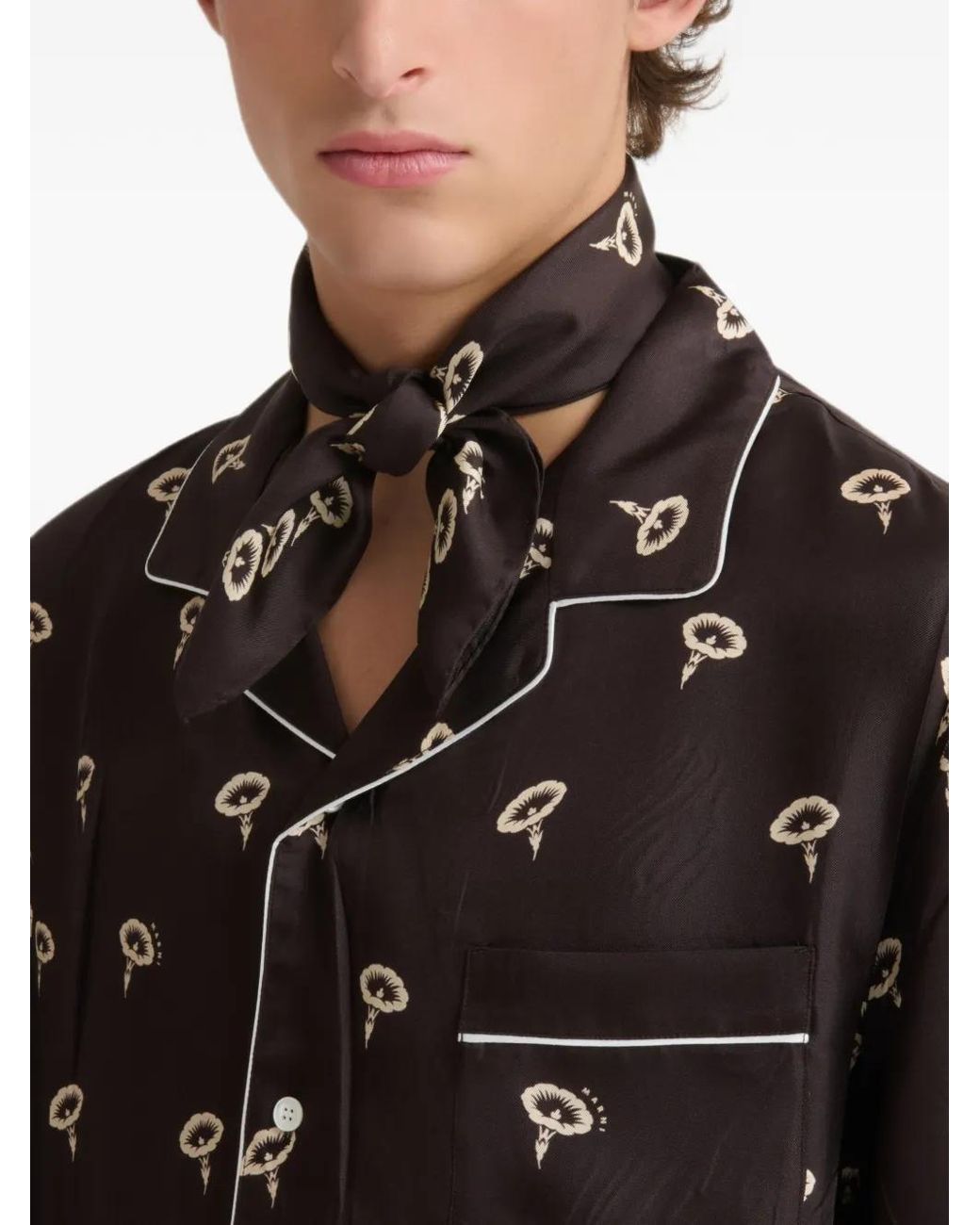 Marni Black Silk Twill Pajama Shirt With Floral Print for men