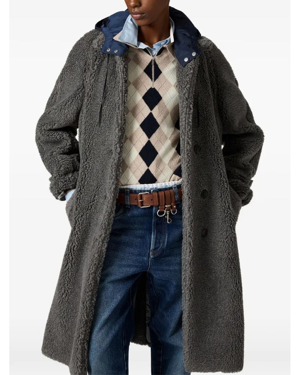 Miu Miu Gray Hooded Shearling-Effect Coat