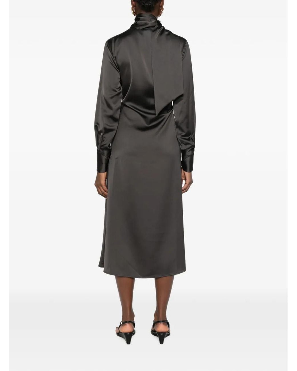 Imperial Black Satin-Finish Wrap Midi Dress