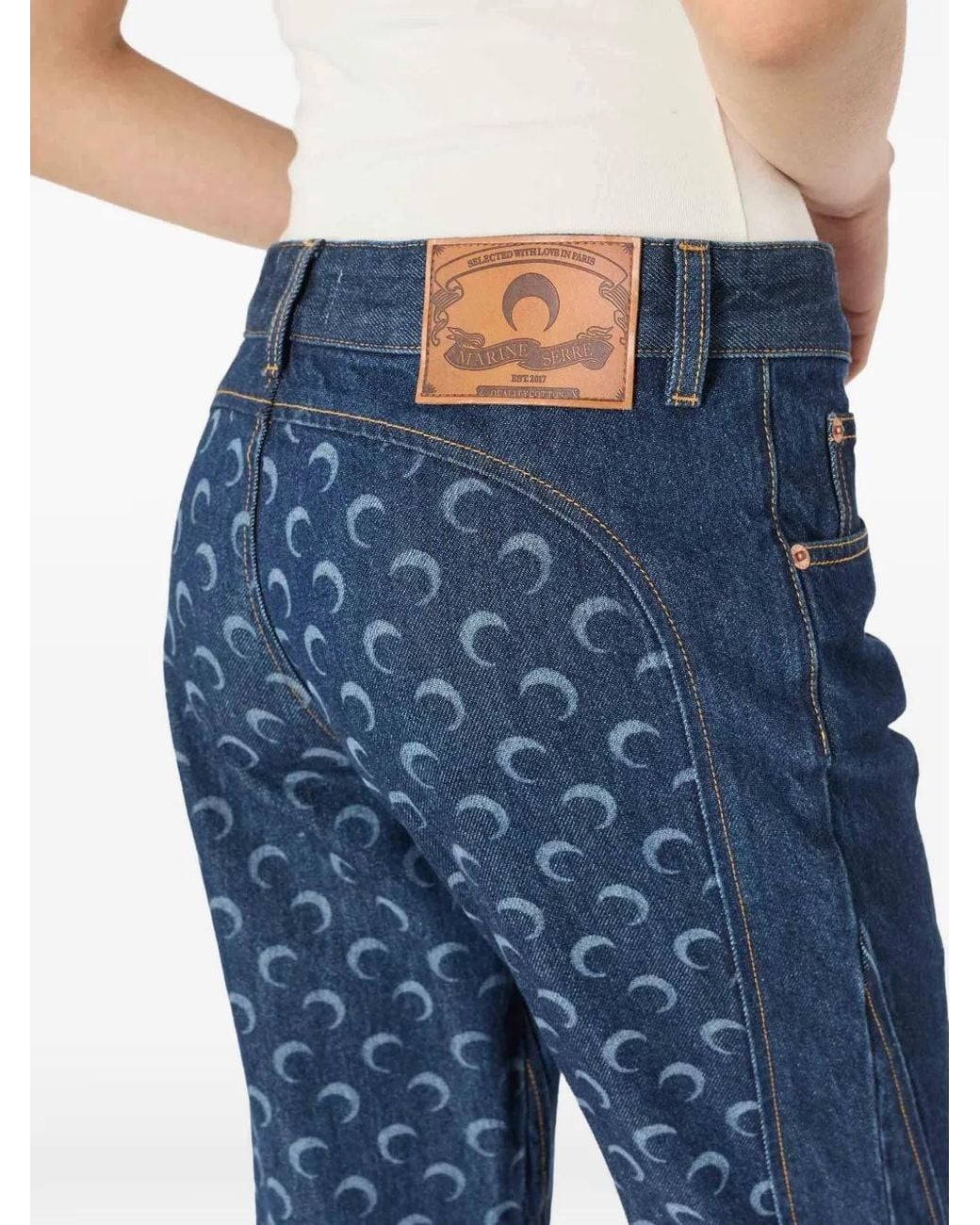 MARINE SERRE Blue Moon-Print Panelled Jeans