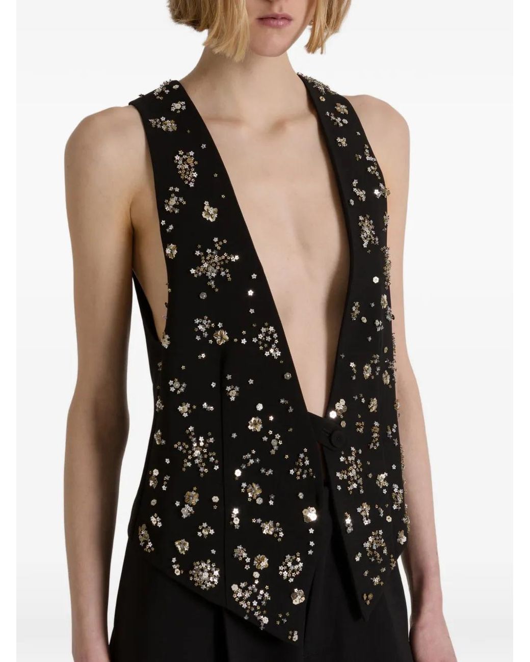 Alberta Ferretti Black Sequin-Embellished Floral-Motif Waistcoat