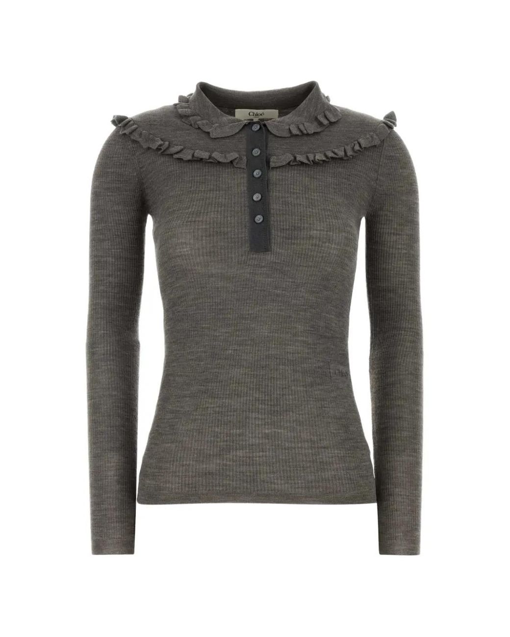 Chloé Gray Henley Ruffled-Trim Fine-Knit Top