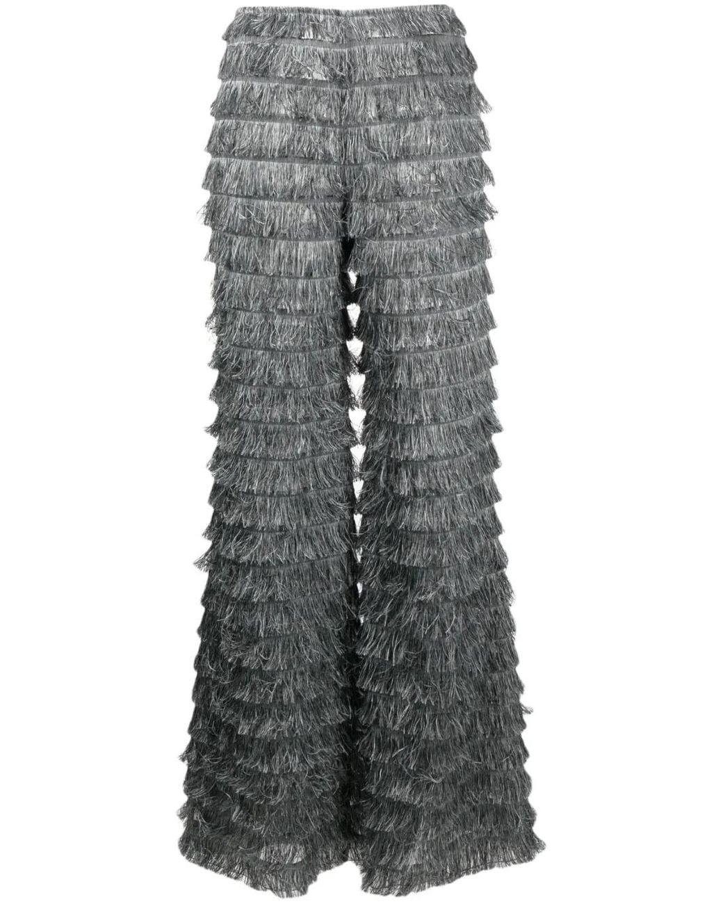 Alberta Ferretti Gray Wide-Leg Fringed Trousers