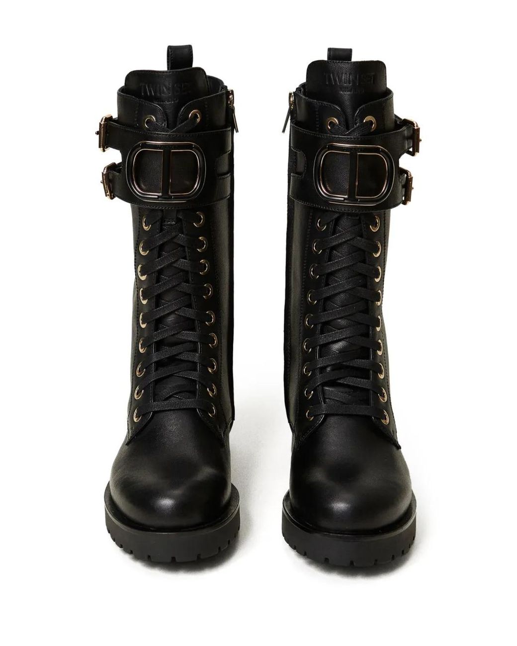 Twinset Black Oval T Leather Combat Boots