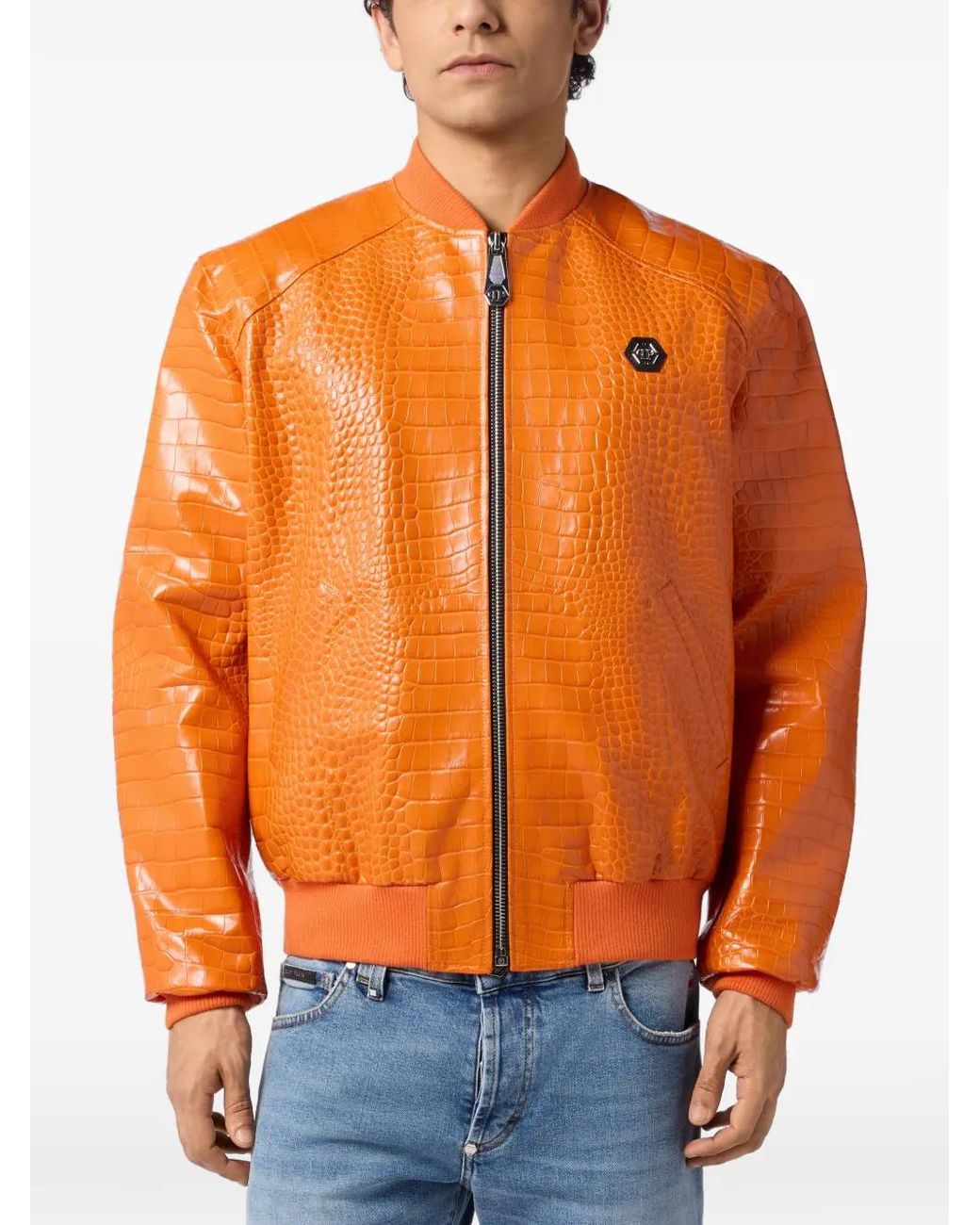 Philipp Plein Orange Veste En Cuir À Design Embossé for men