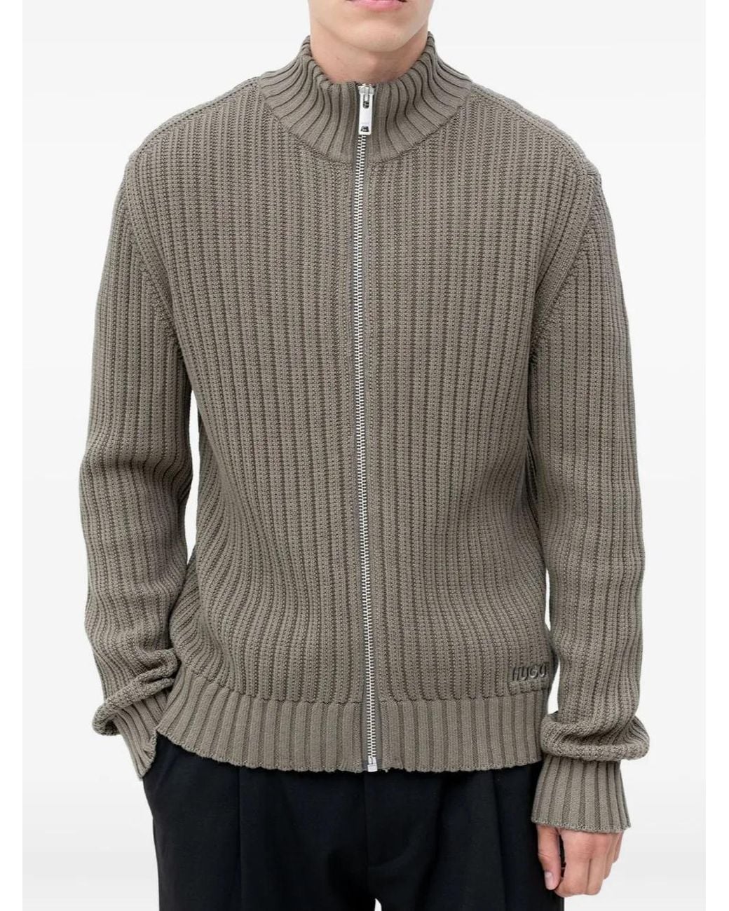 HUGO Gray Ribbed Zip Cardigan for men