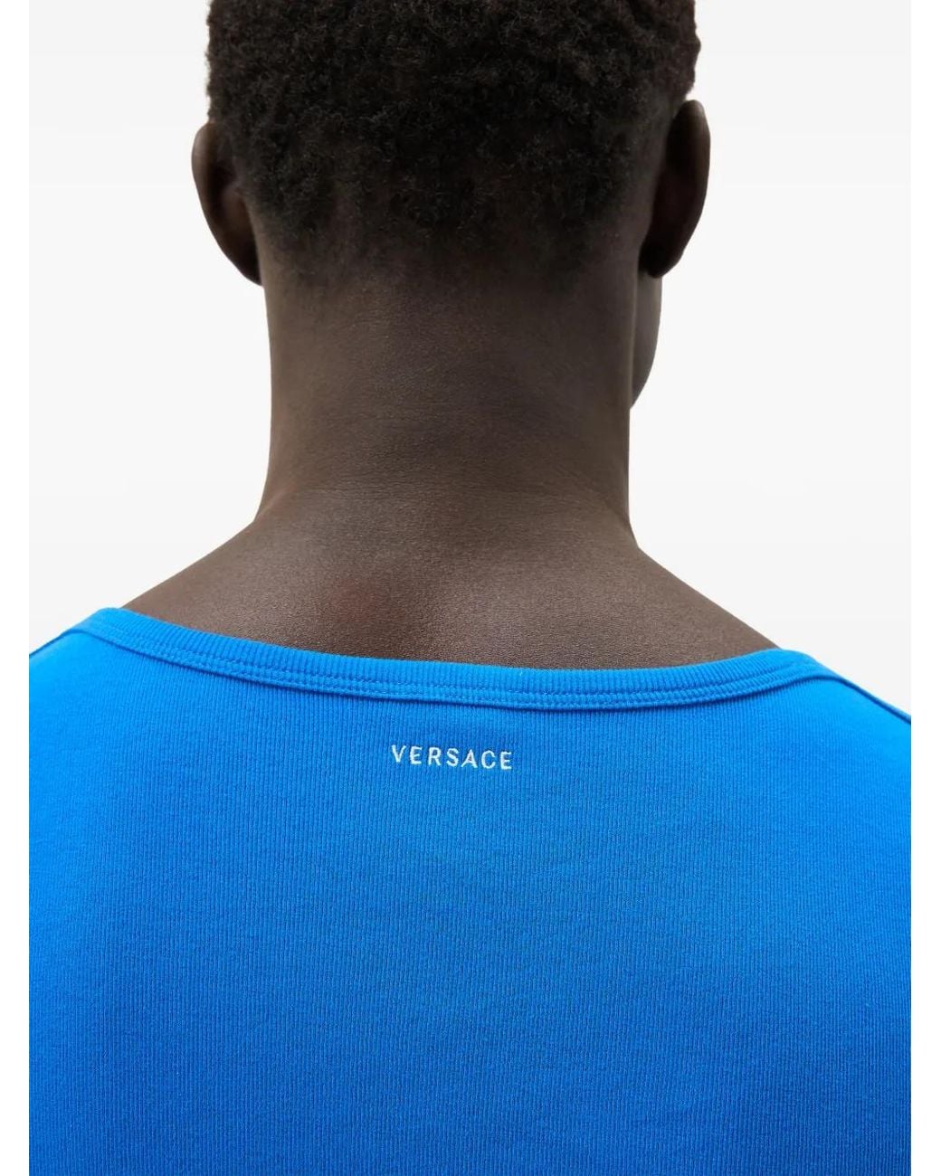 Versace Blue Embroidered Ribbed Cotton-Jersey T-Shirt for men