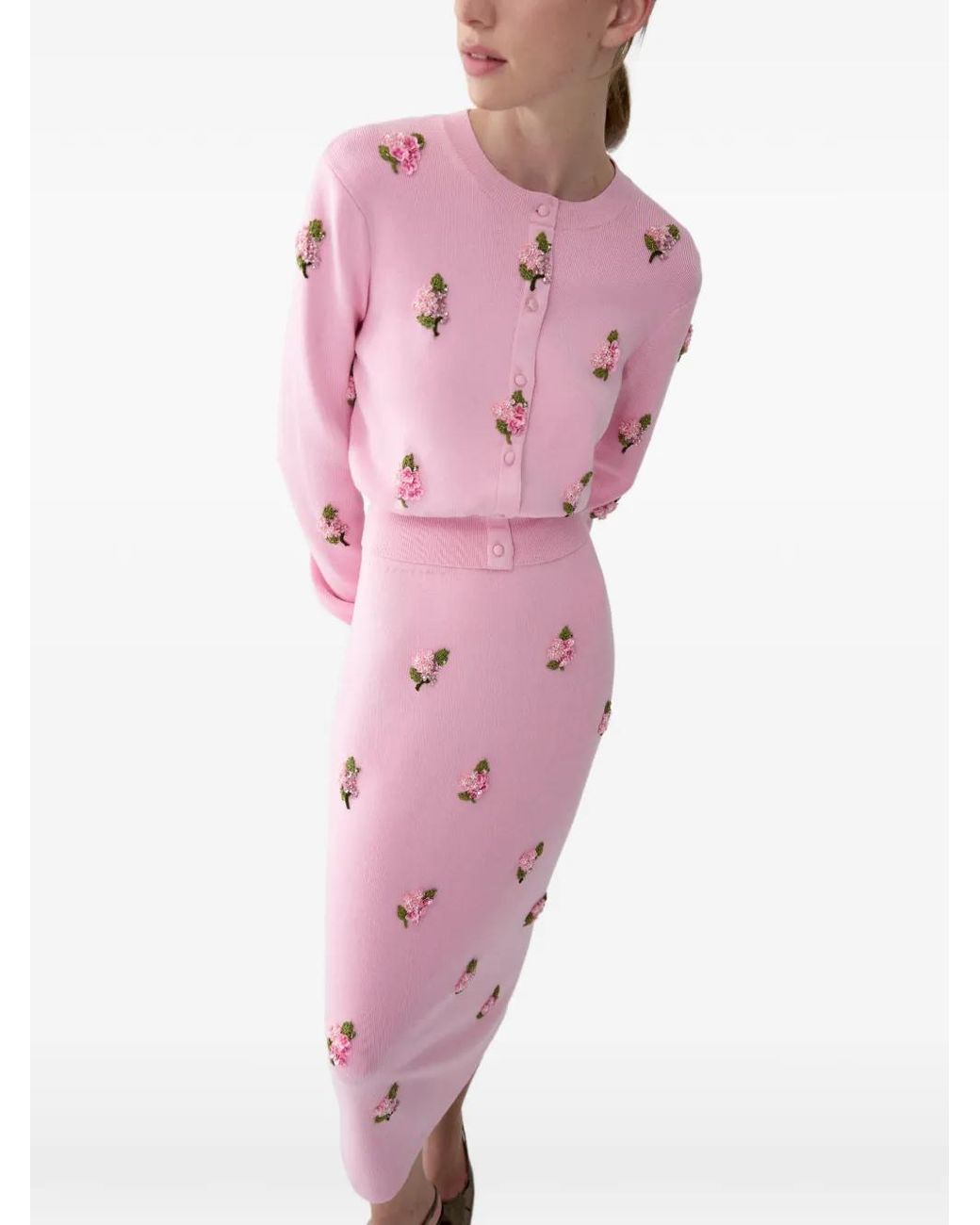 Carolina Herrera Pink Floral-Embroidered Midi Skirt
