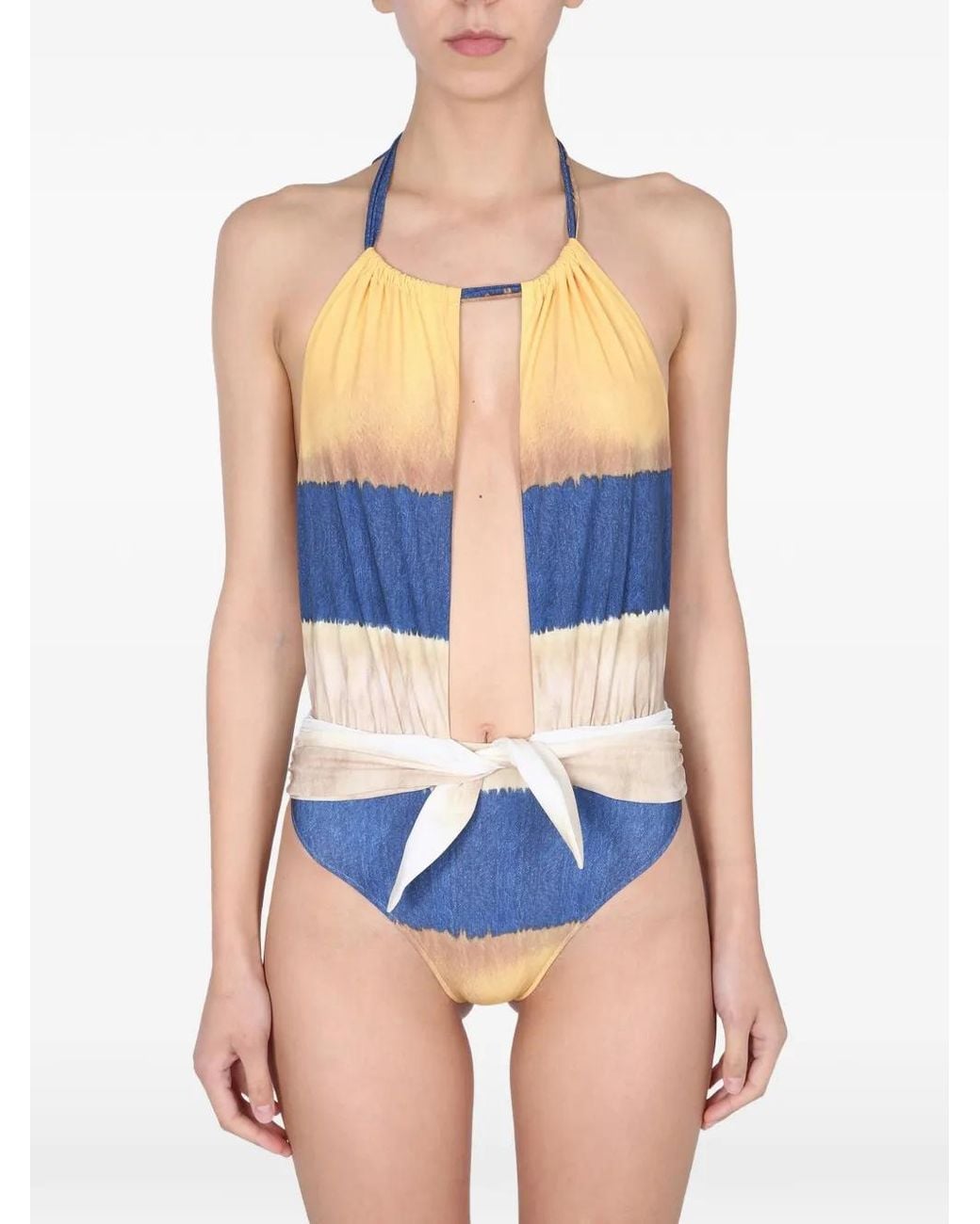 Alberta Ferretti Blue Tie-Waist Striped Swimsuit