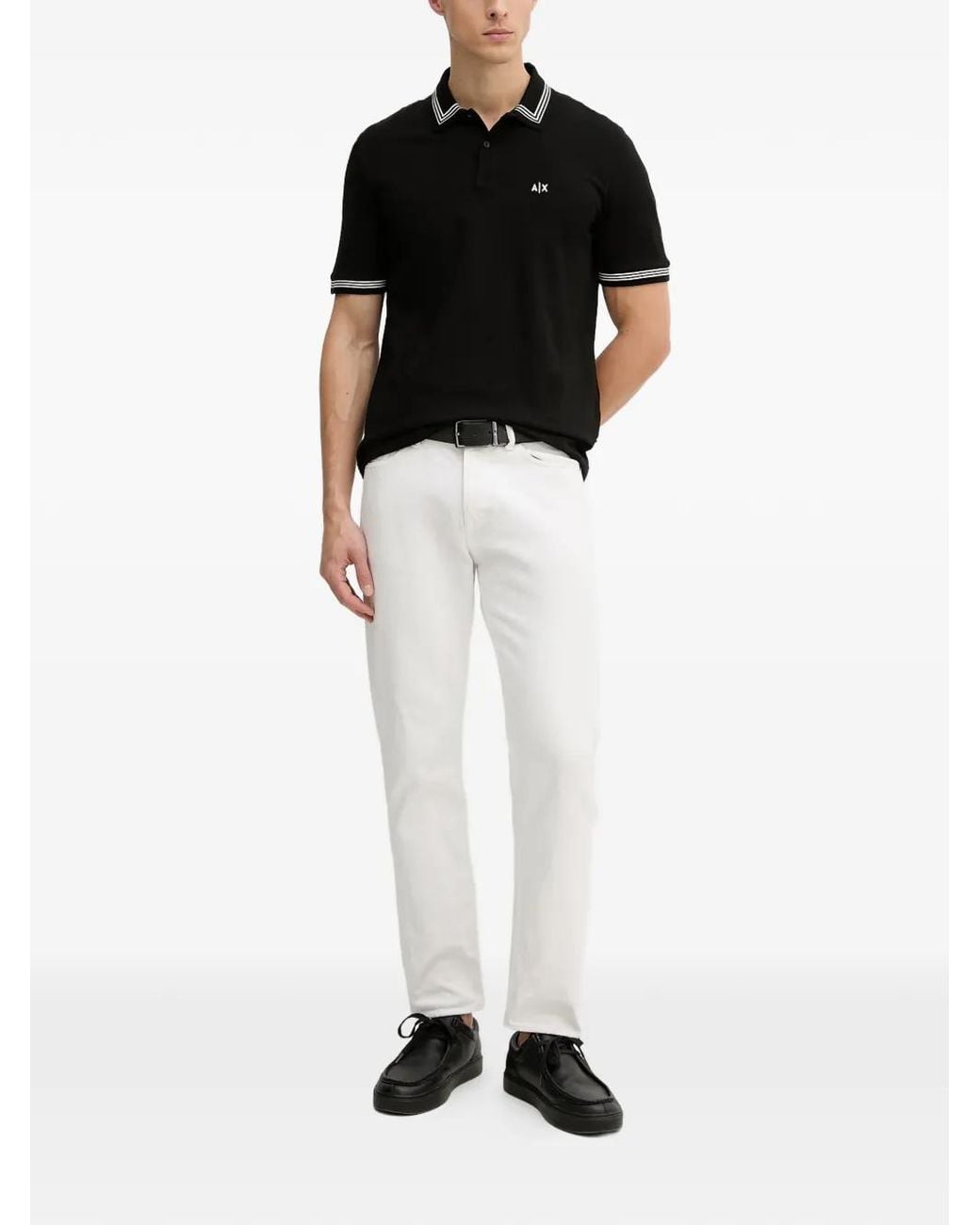ARMANI EXCHANGE Black Striped-Trim Logo-Print Polo Shirt for men