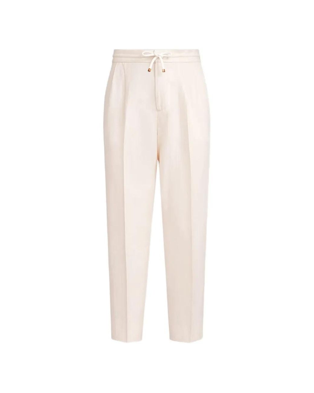 Brunello Cucinelli White Linen And Cotton Drill Trousers With Drawstring And Double Pleats for men