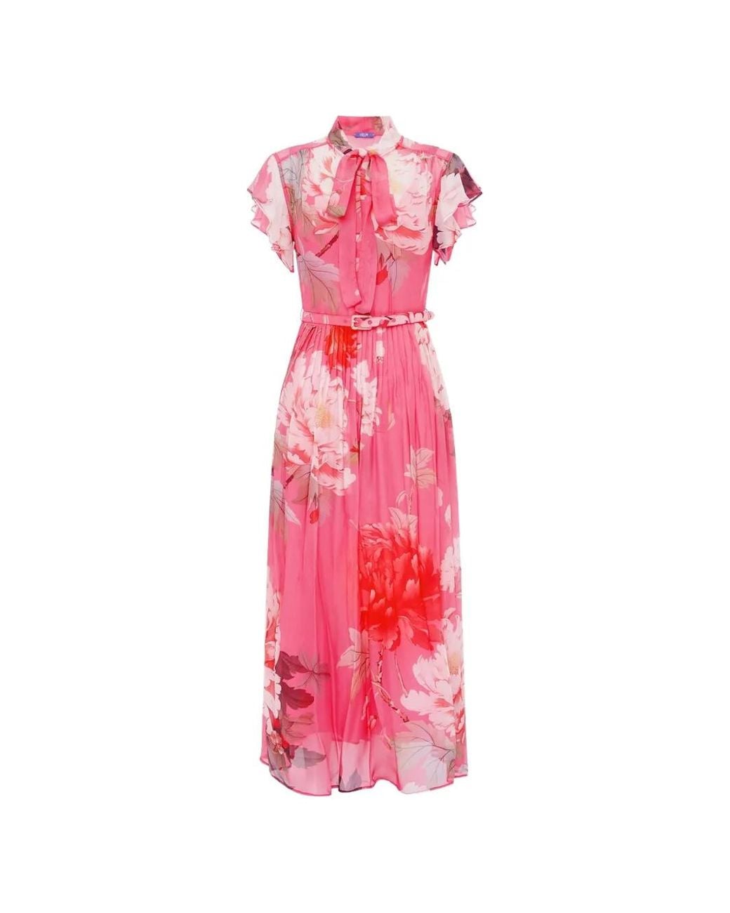 LEO LIN Pink Grace Ruffled Floral Midi Dress